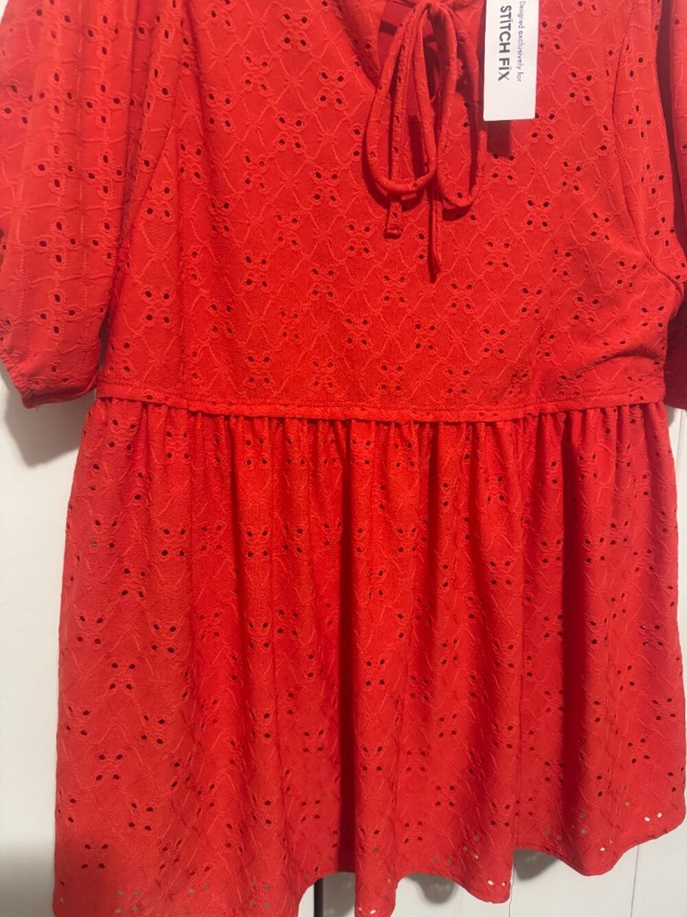 Gilli Stitch Fix Eyelet Babydoll Top NWT Womens L Red Tie Neck Blouse Tunic